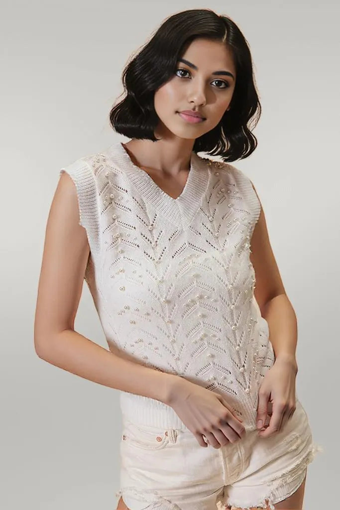 BiBi Chevron Pointelle Pearl Knit Top