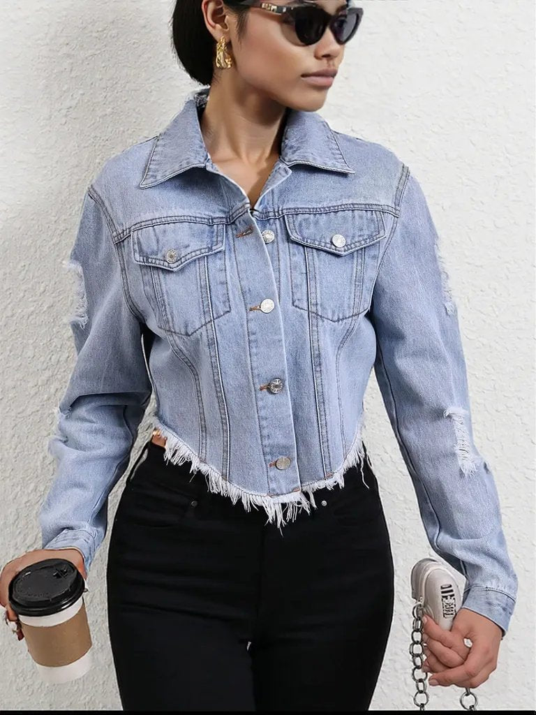 Distressed Raw Hem Button Up Denim Jacket