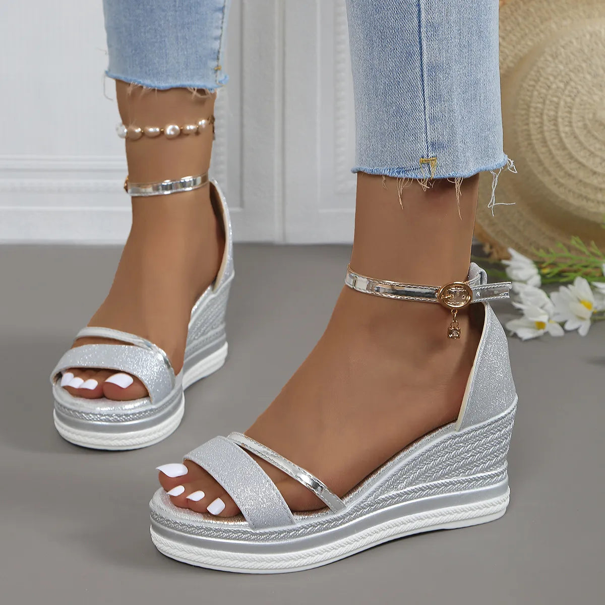Glitter Platform Wedge Sandals with Ankle Strap Silver