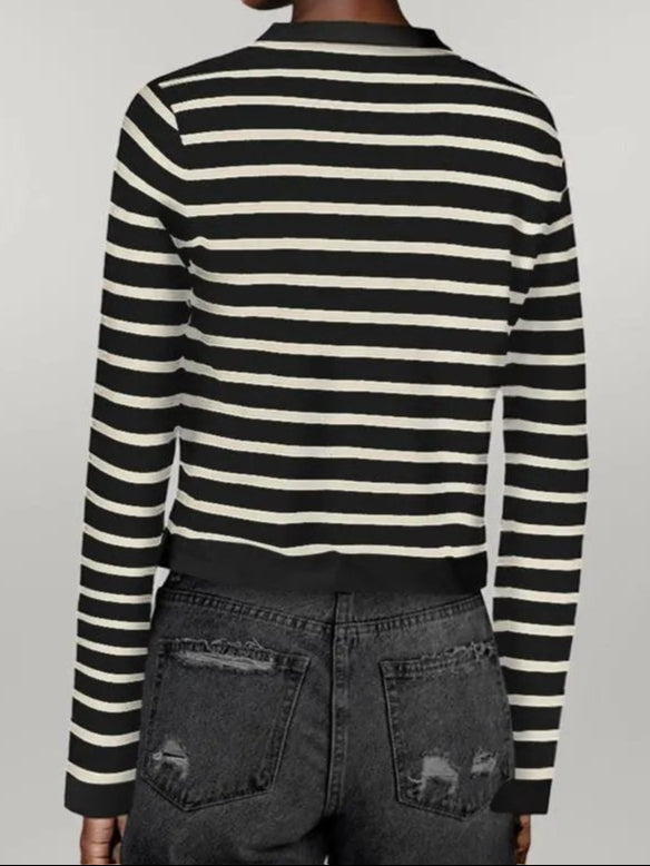 Striped Round Neck Button Up Long Sleeve Cardigan