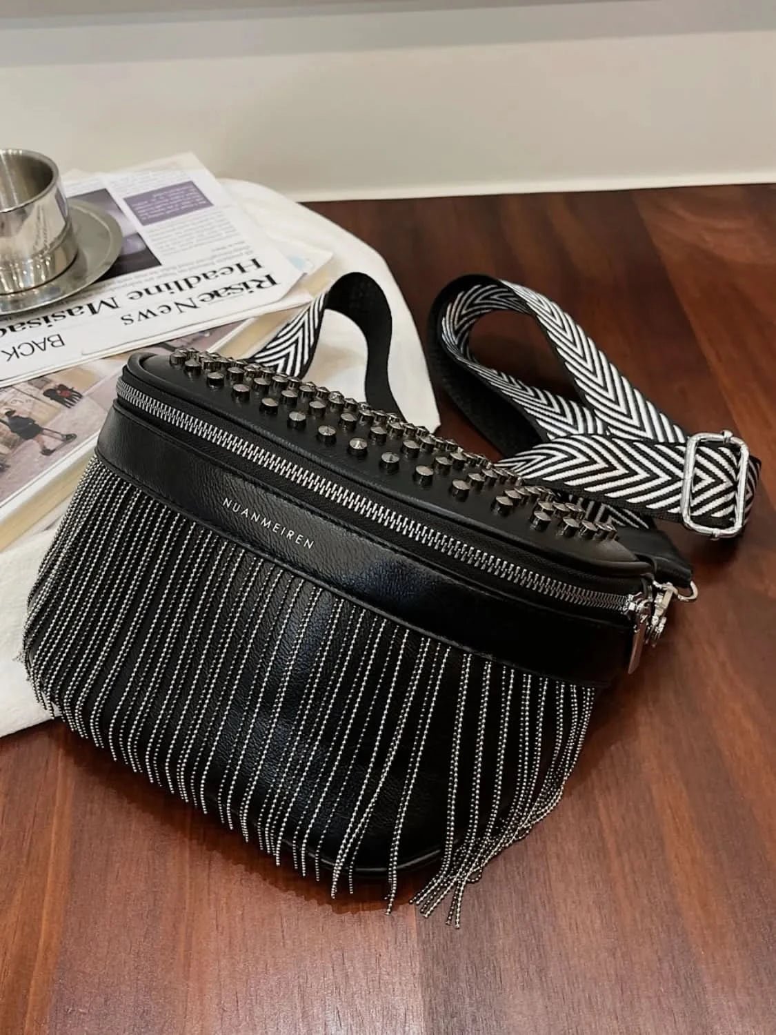 Fringe Studded PU Leather Crossbody Bag