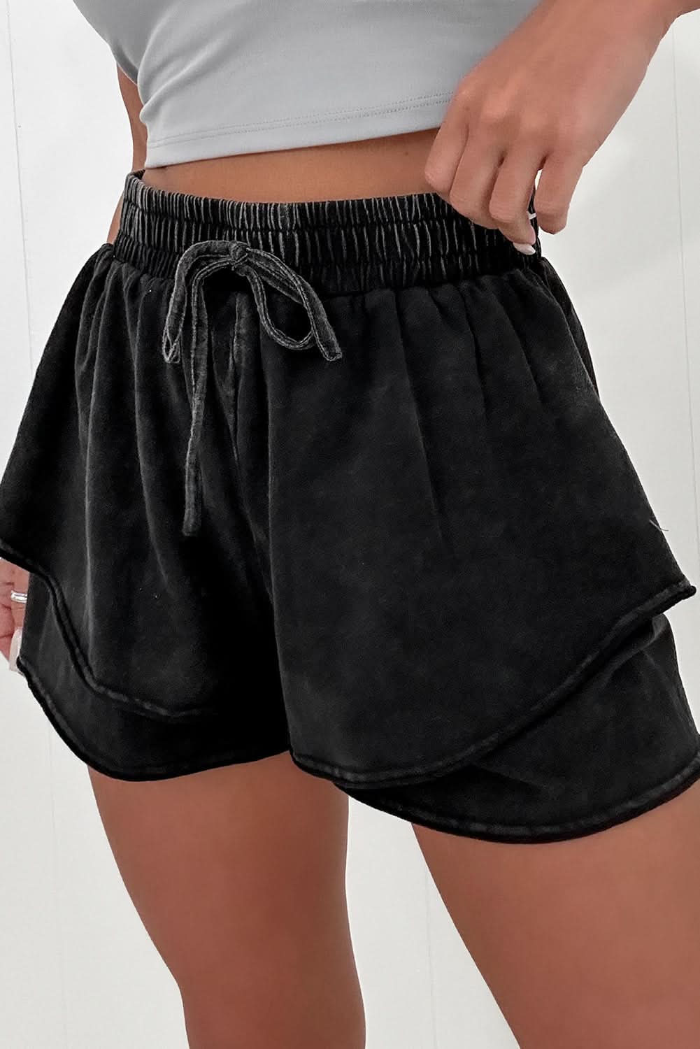Black Mineral Wash French Terry High Waist Casual Shorts Black 100%Cotton