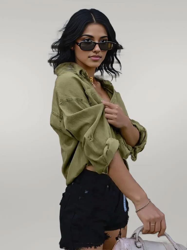 Drawstring Pocketed Button Up Denim Top