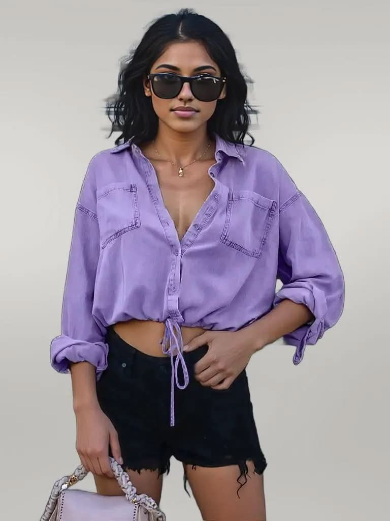 Drawstring Pocketed Button Up Denim Top Lavender