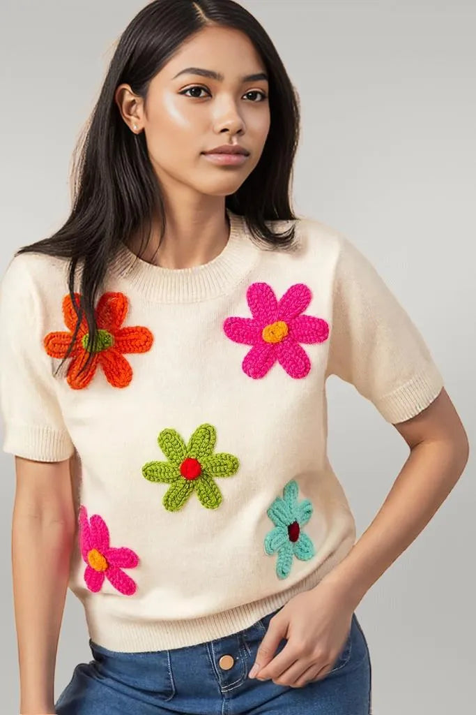 BiBi Crochet Flower Patch Sweater Top