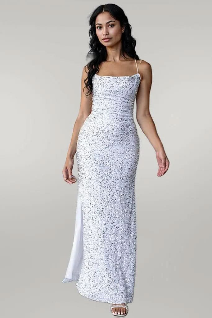 Sequin Backless Split Maxi Dress White