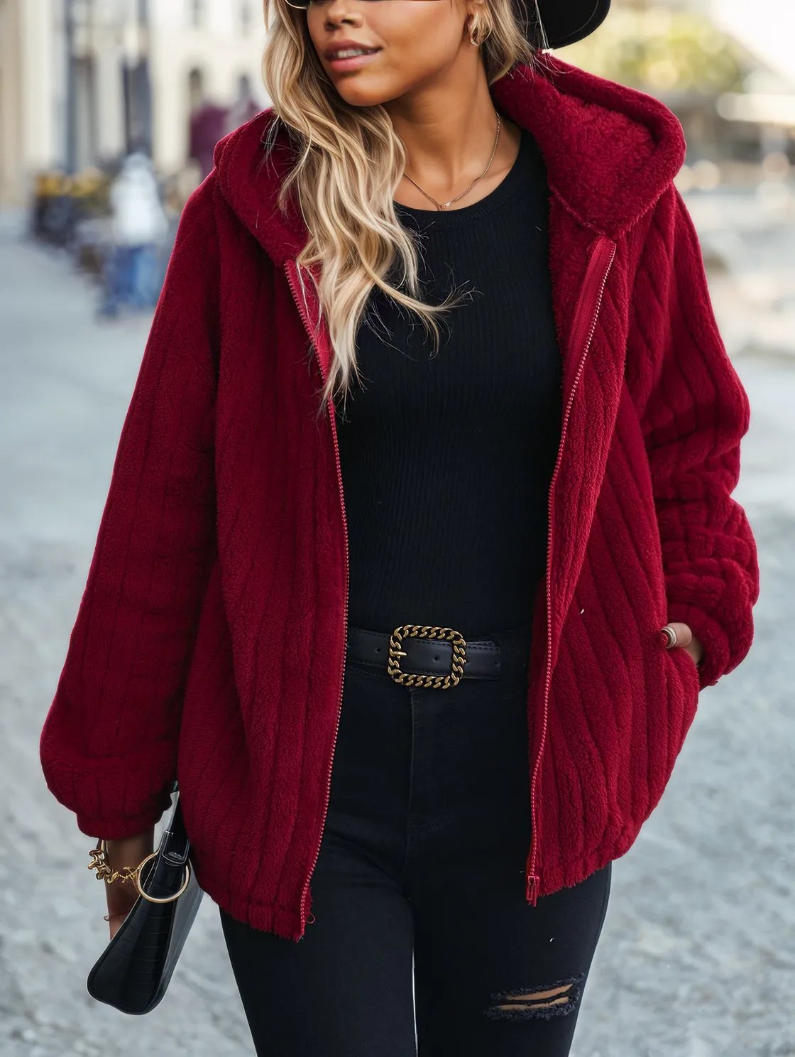 Zip-Up Hooded Jacket with Pockets Wine