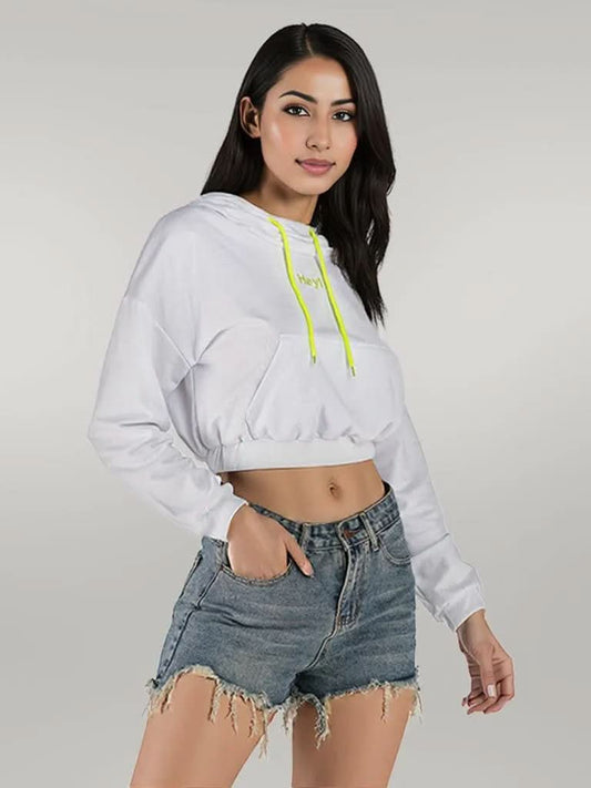 Perfee Drawstring Letter Long Sleeve Hoodie White