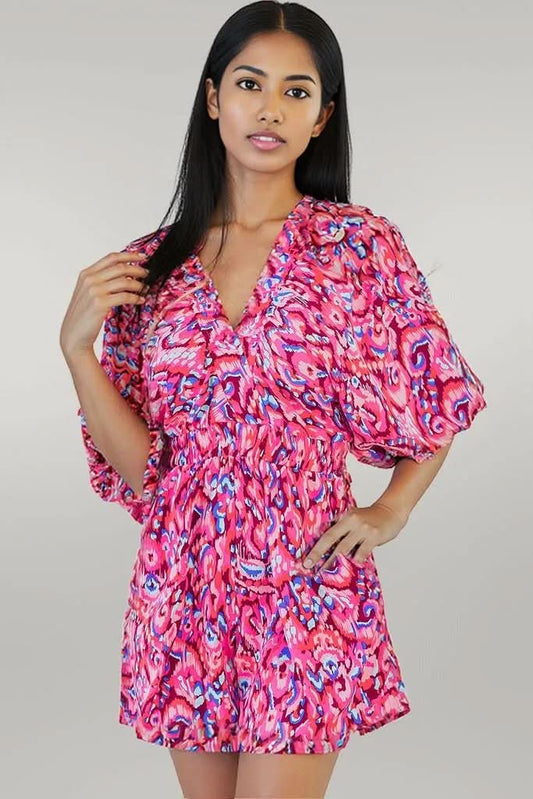 Pink Abstract Print Puff Sleeve V Neck High Waist Romper