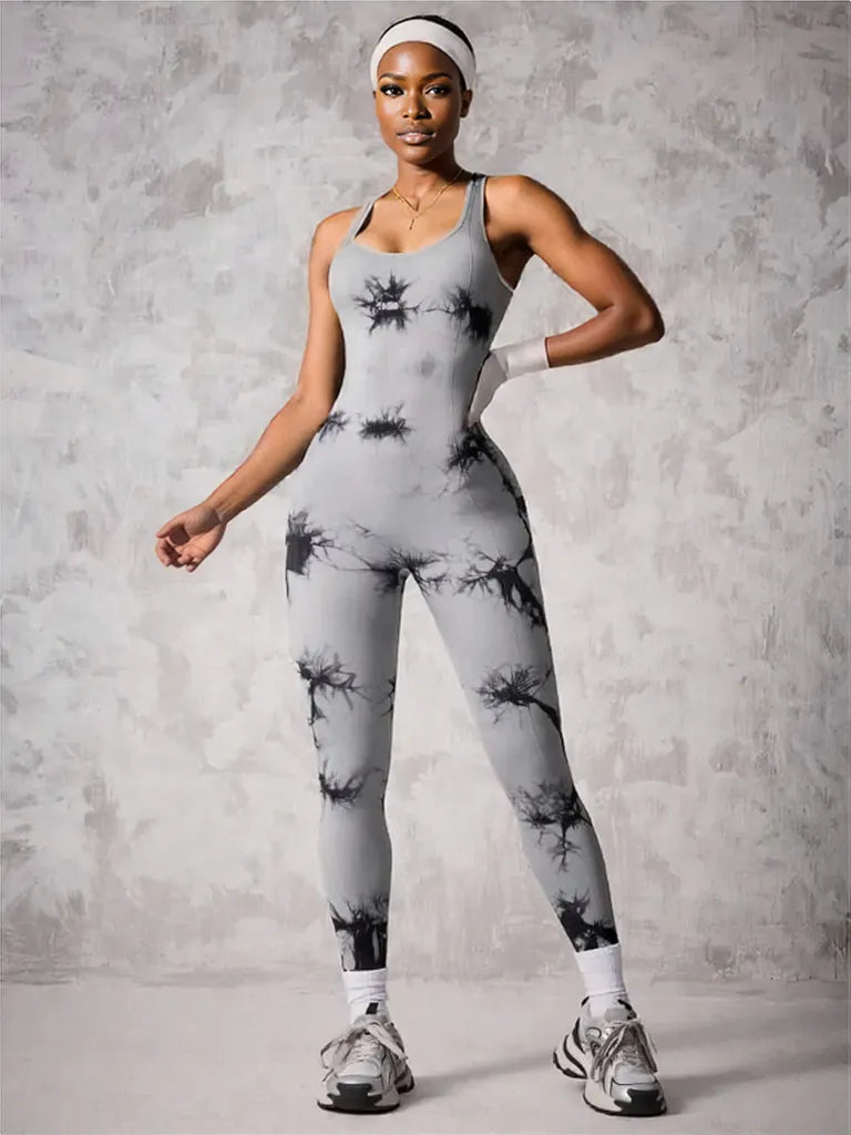 Back Crisscross Tie-Dye Scoop Neck Active Jumpsuit