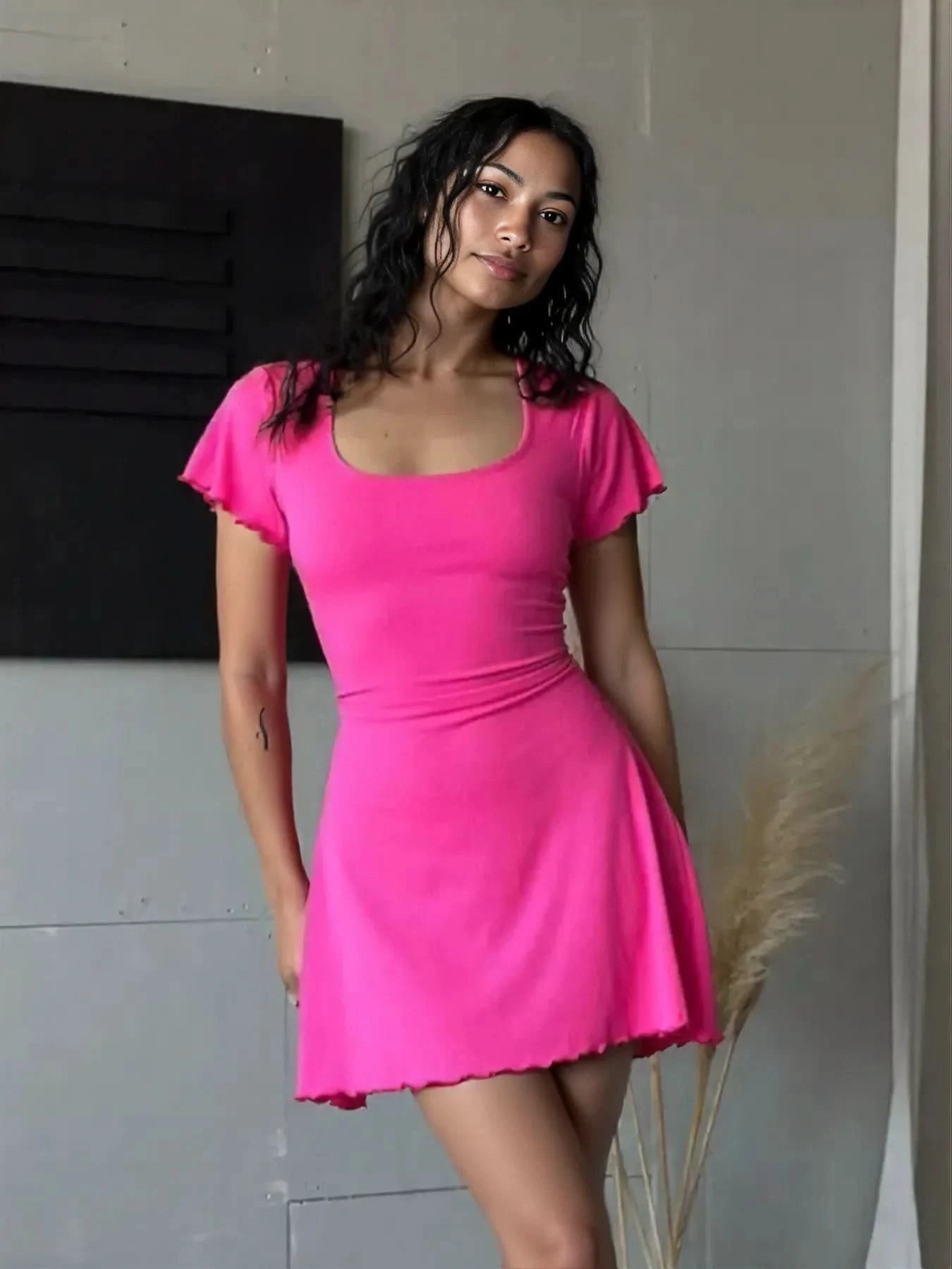 Ribbed Back Lace Up Short Sleeve Mini Dress