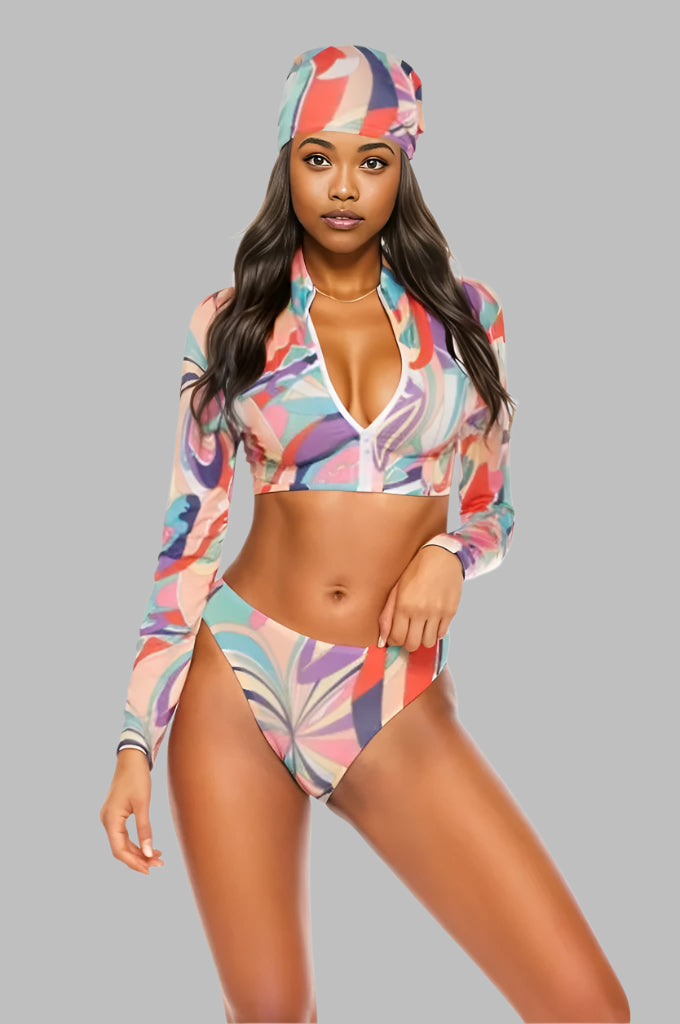 Printed Zip Up Three-Piece Swim Set Multicolor
