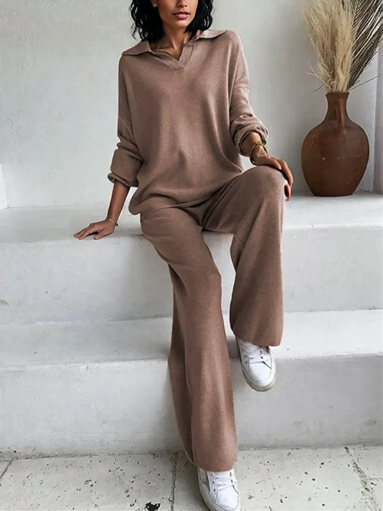 Johnny Collar Long Sleeve Top and Pants Sweater Set