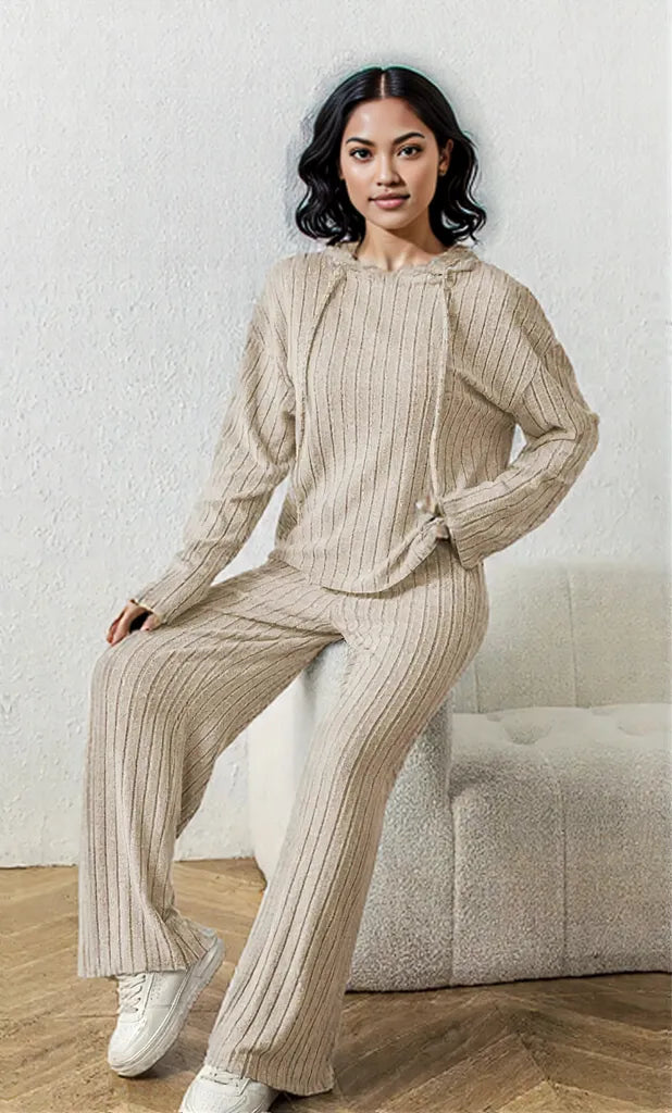 Ribbed Drawstring Hoodie and Pants Set