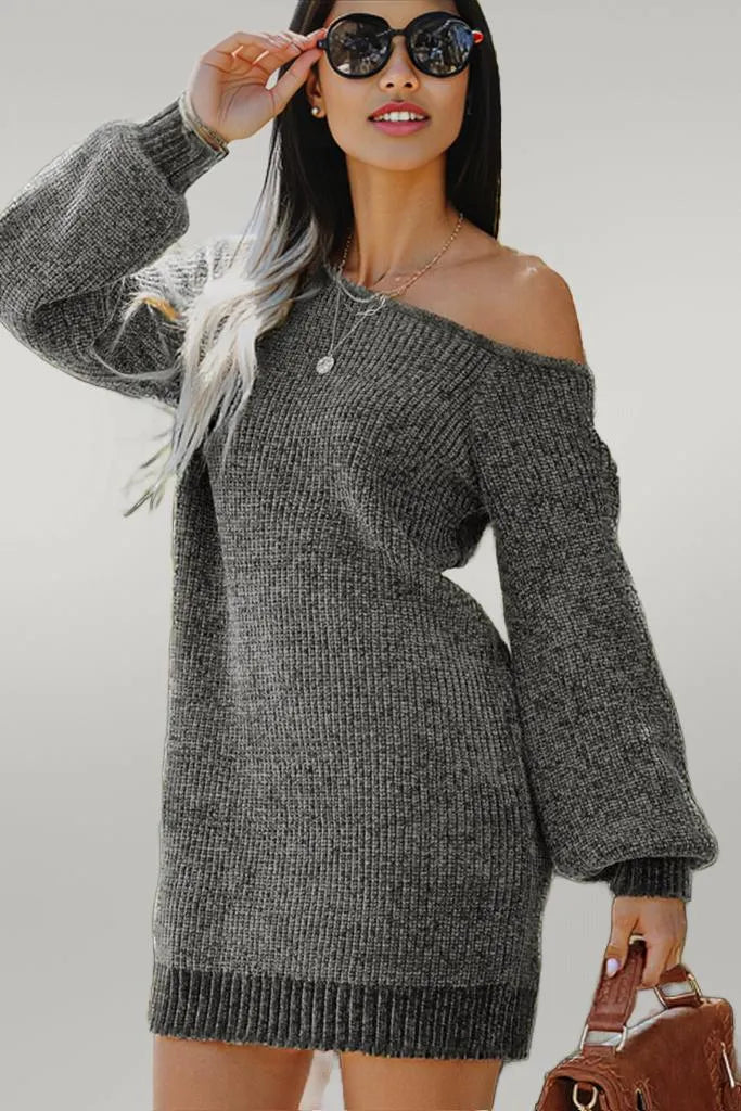 Boat Neck Long Sleeve Sweater Dress Dark Gray