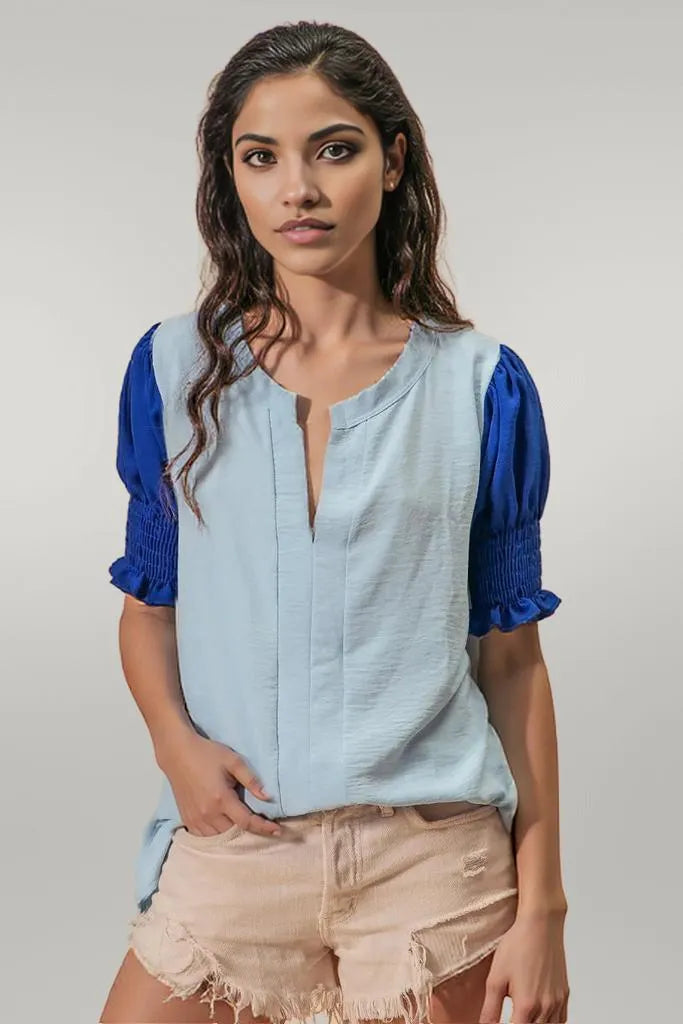 BiBi Air Flow Color Block Puff Sleeves V Neck Top