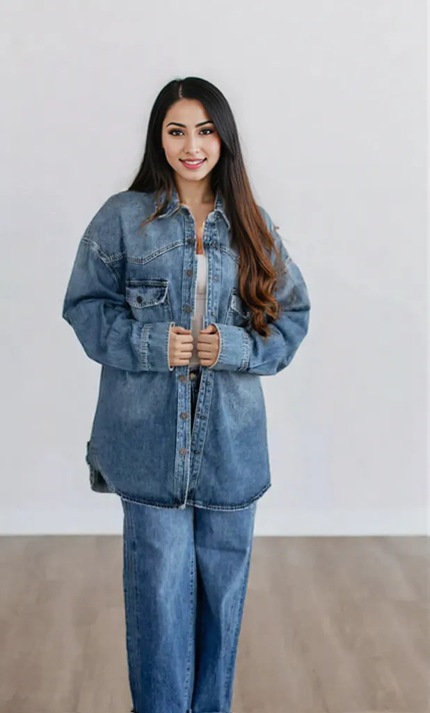 Snap Down Dropped Shoulder Denim Jacket Dark Blue