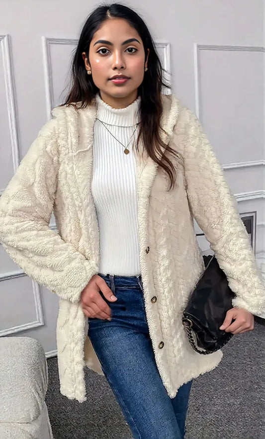 Faux Fur Teddy Coat with Button Front Cream