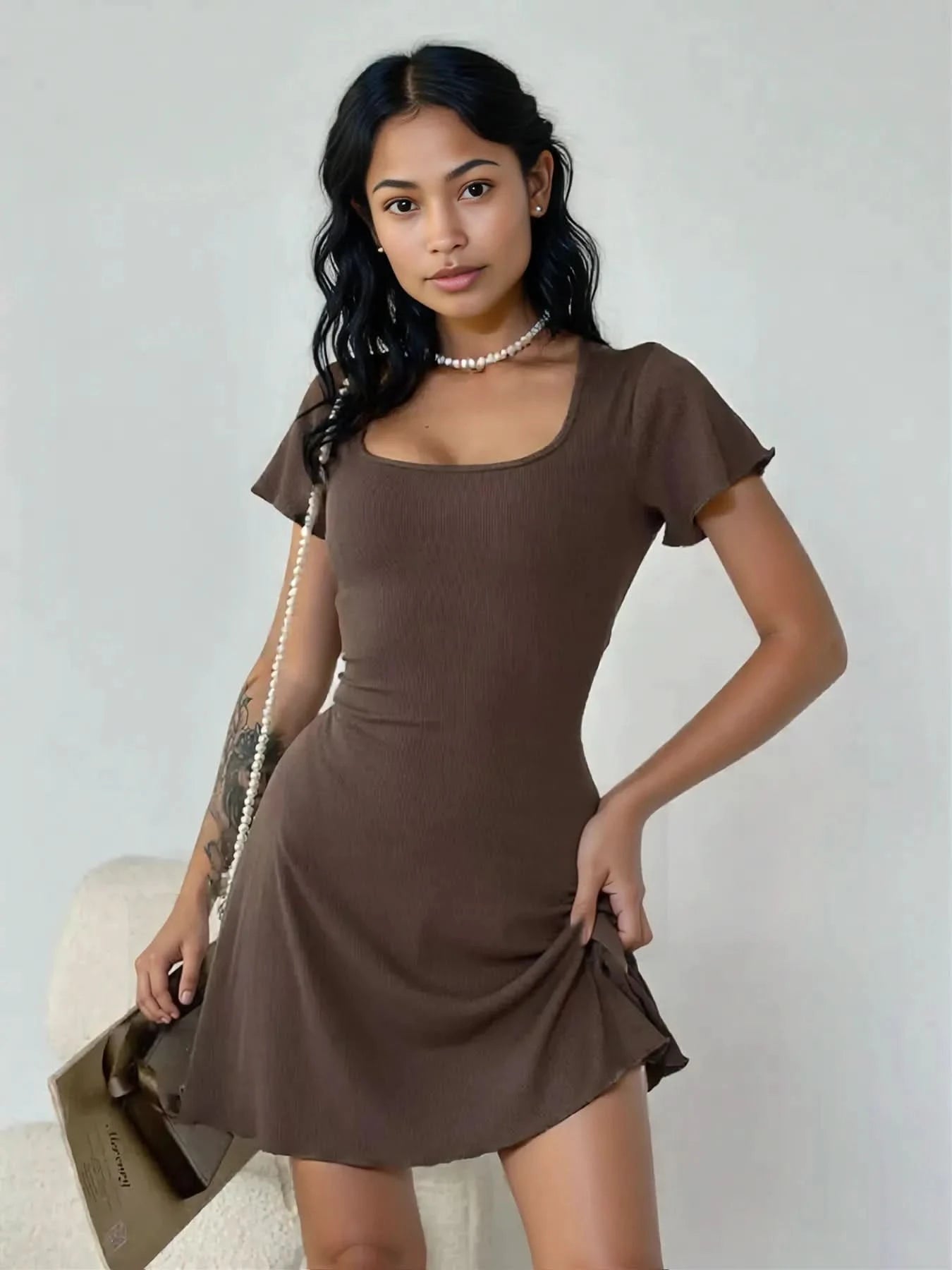 Ribbed Back Lace Up Short Sleeve Mini Dress