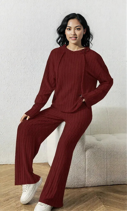 Ribbed Drawstring Hoodie and Pants Set Wine Red