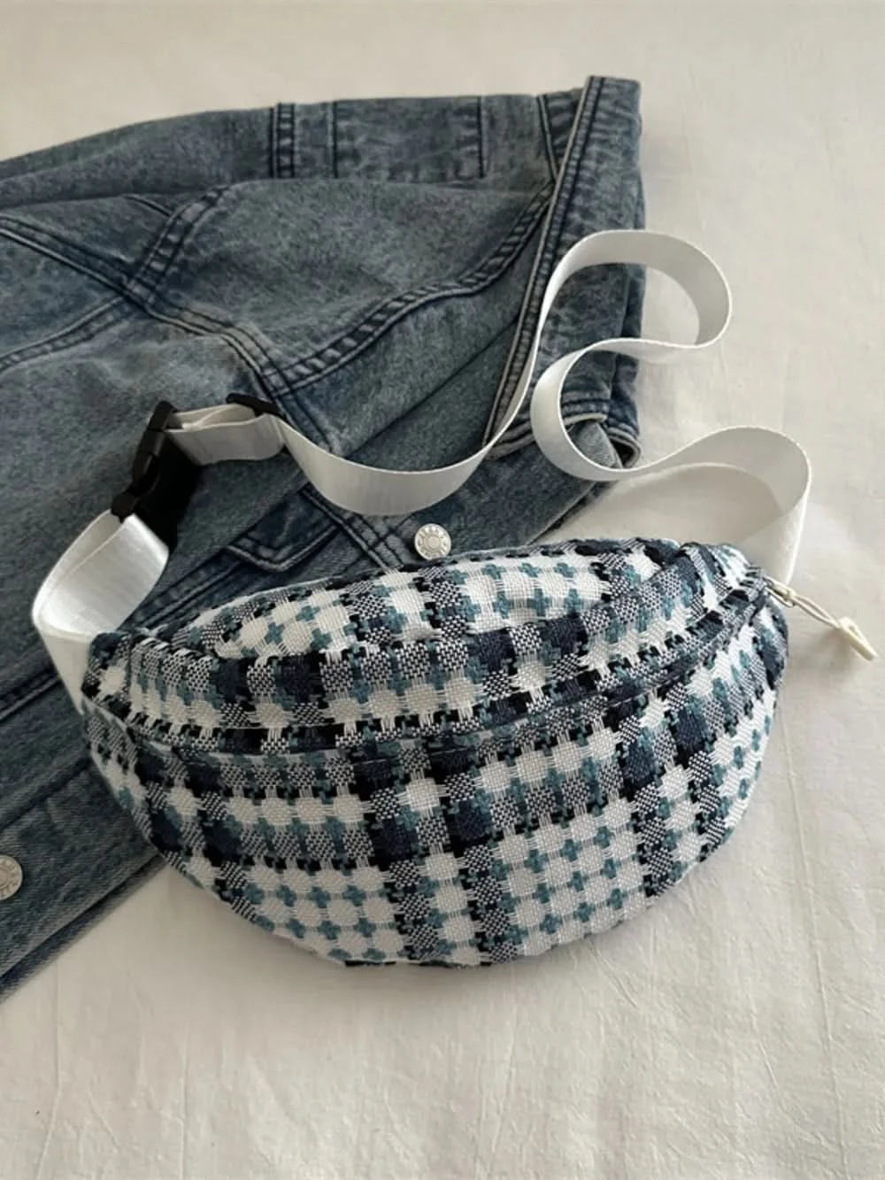 Plaid Wide Strap Crossbody Bag French Blue One Size