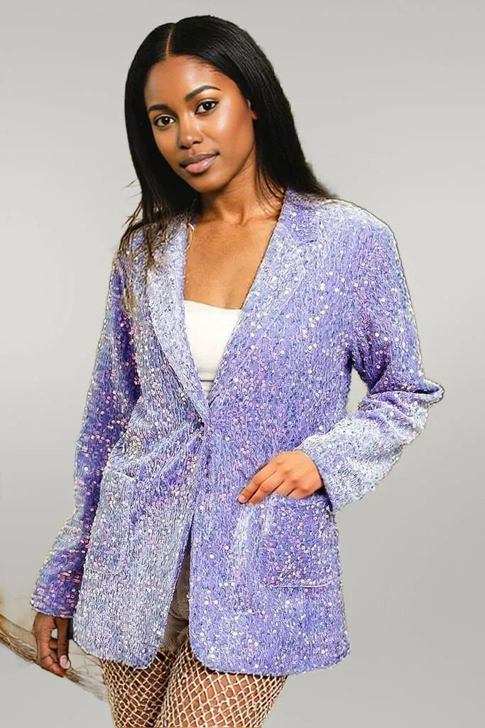 BiBi Velvet Sequins Patch Pockets Single Blazer LILAC