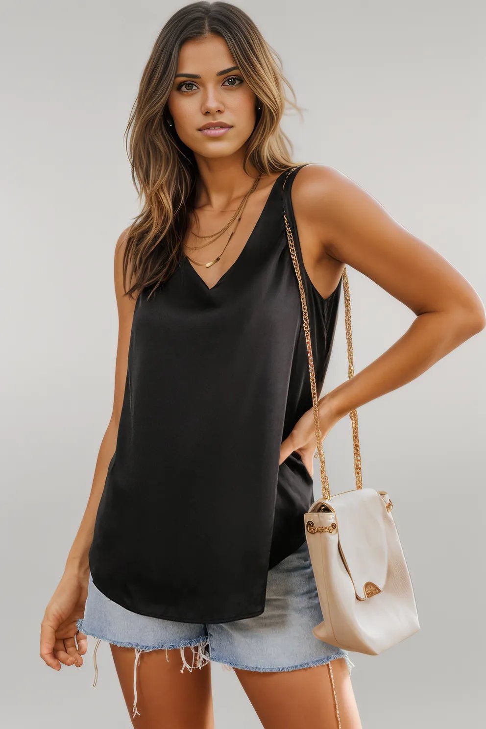 Black Deep V Neck Loose Tank Top Black 100%Polyester
