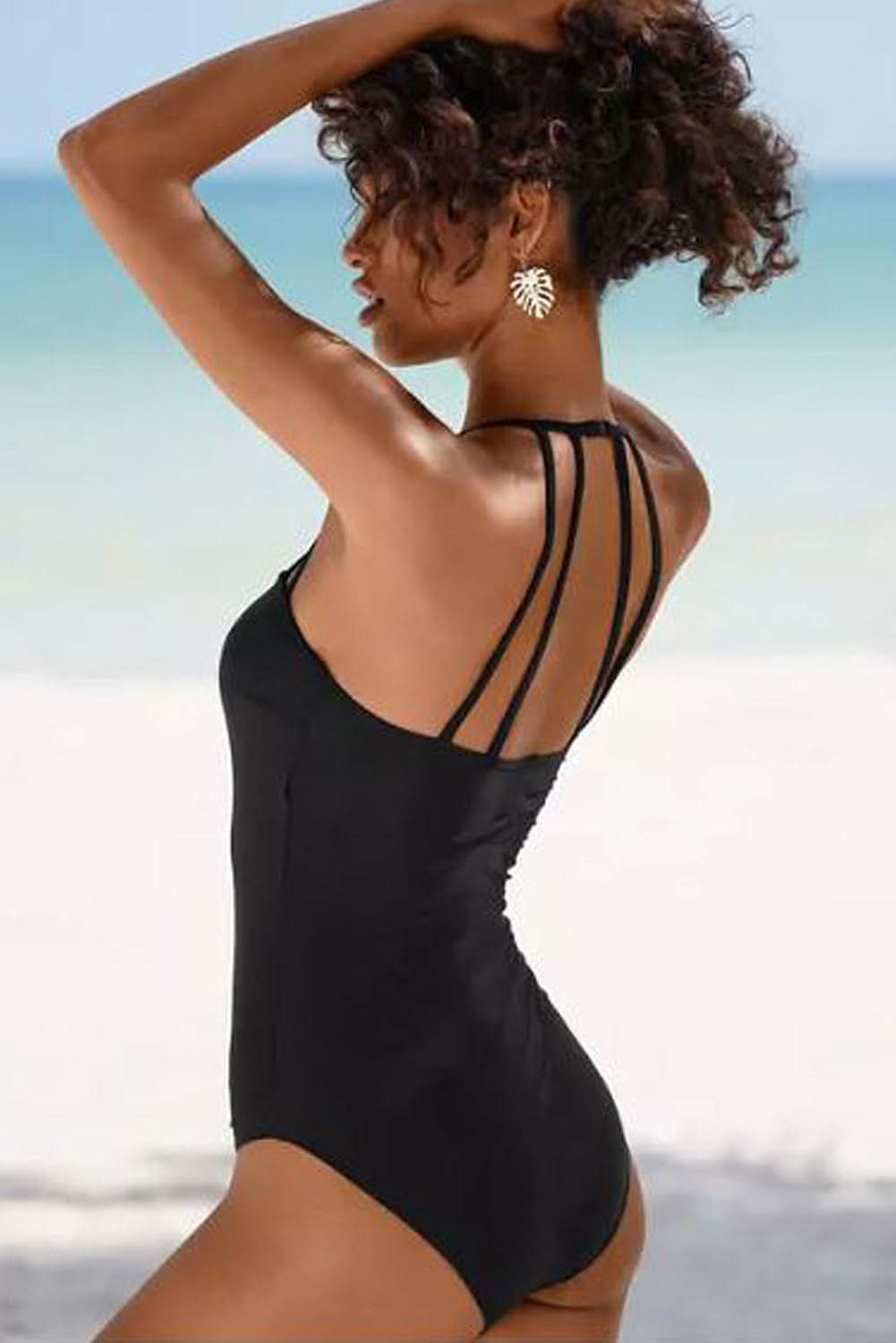 Black Sleeveless Strappy Halter Neck Sexy One Piece Swimsuit Black 82%Polyamide+18%Elastane