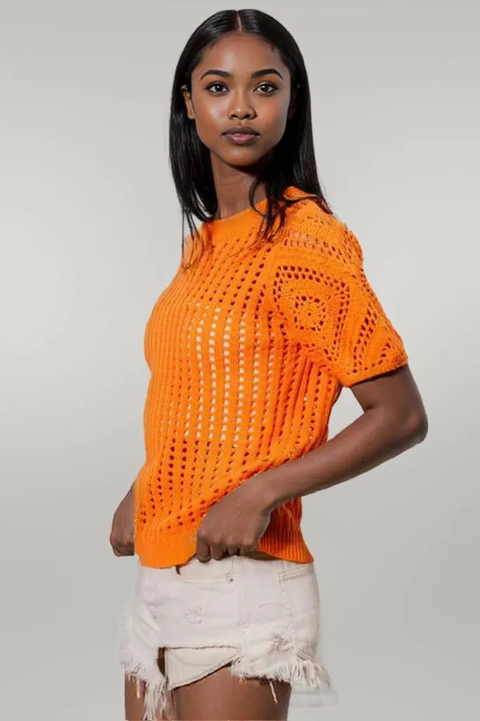 BiBi Crochet Knit Cover Up With Puff Sleeves
