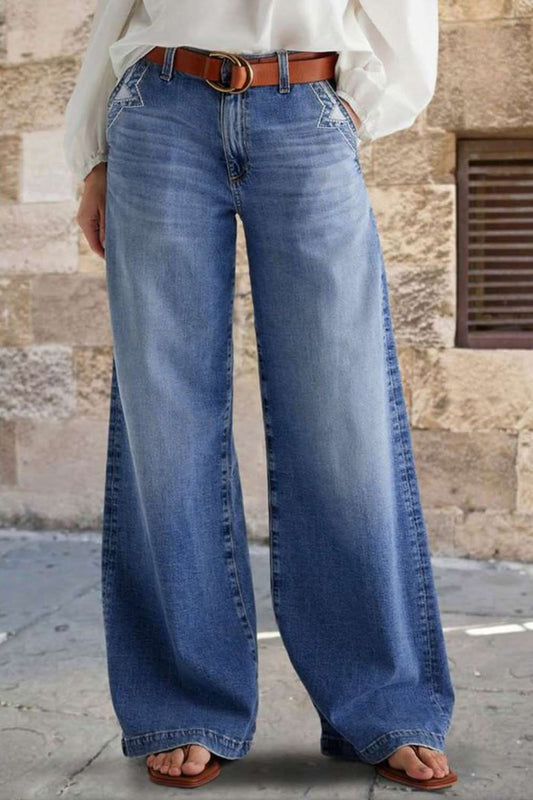 Pocketed Embroidered Straight Leg Jeans Light