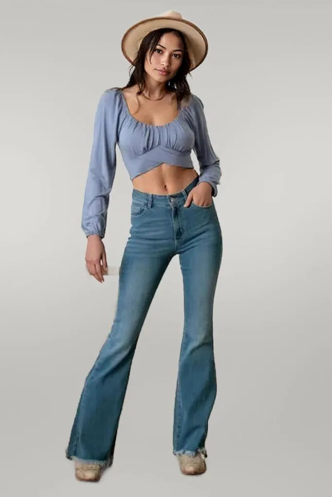 Square Neck Back Tie Puff Long Sleeve Crop Top