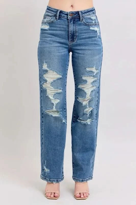 Judy Blue Full Size High Waist Heavy Destroy Straight Jeans MD