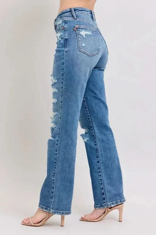 Judy Blue Full Size High Waist Heavy Destroy Straight Jeans MD