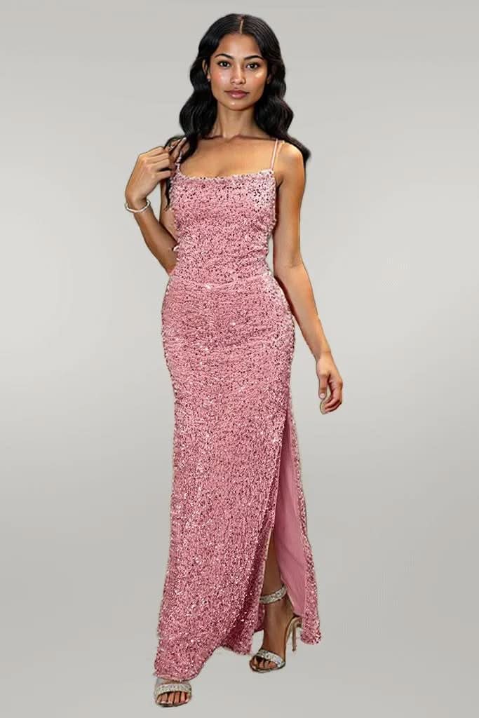 Sequin Backless Split Maxi Dress Strawberry