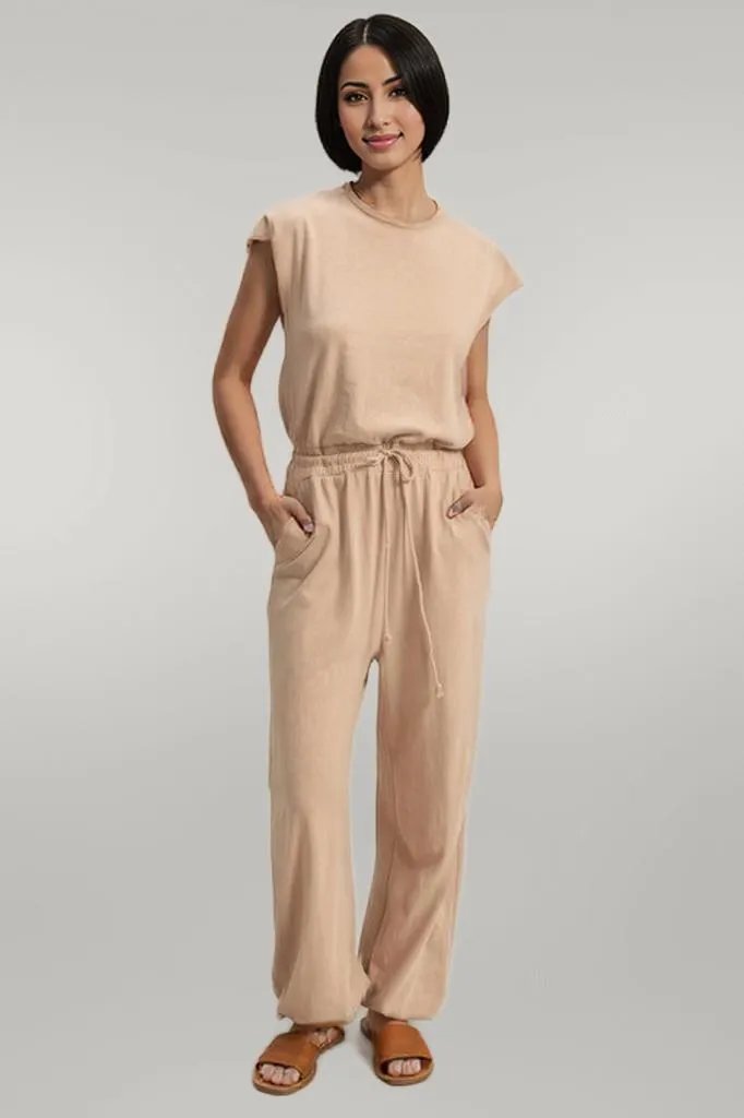HYFVE Back Keyhole Round Neck Cap Sleeve Drawstring Jumpsuit Tan