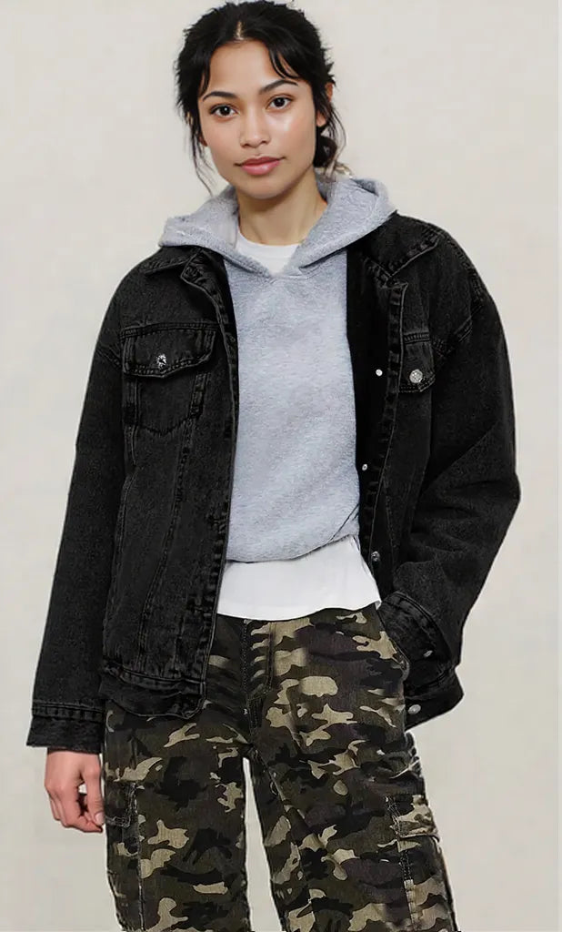 Button Up Collared Neck Long Sleeve Denim Jacket