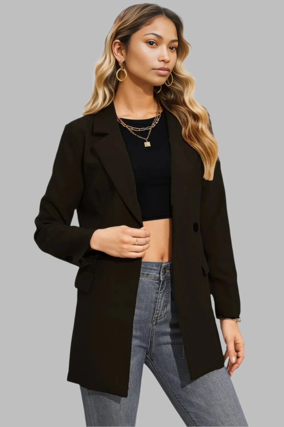 Lapel Neck Long Sleeve Blazer with Pockets