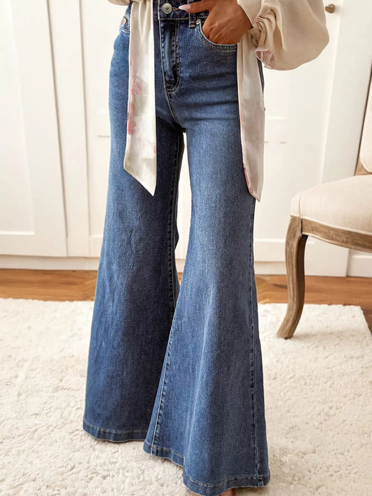 High Waist Button Zip Flare Leg Jeans Navy