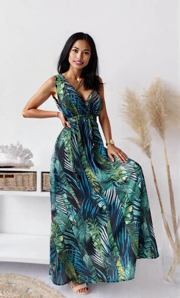 Leaf Print Sleeveless Maxi Dress