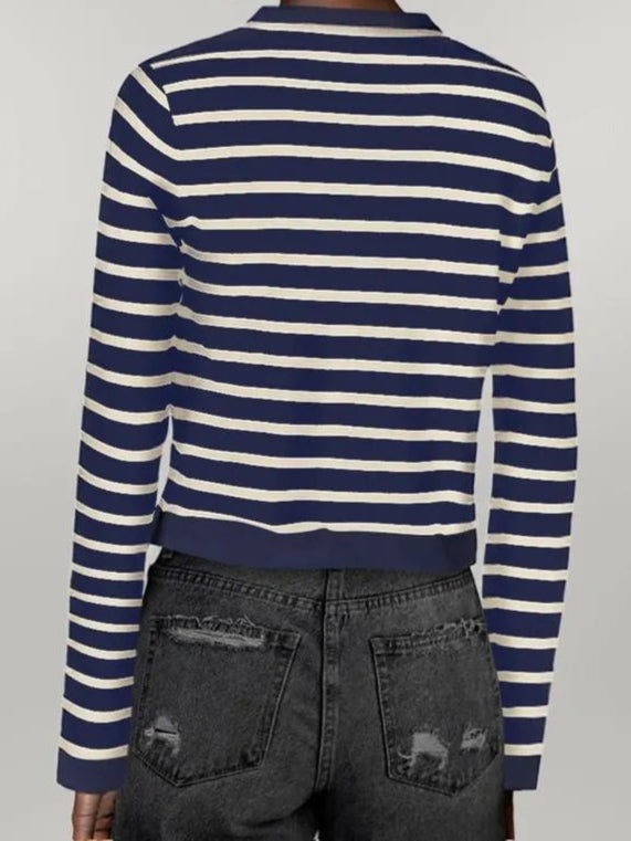 Striped Round Neck Button Up Long Sleeve Cardigan