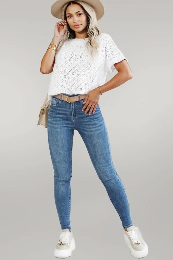 White Eyelet Pattern Boat Neck Casual Tee