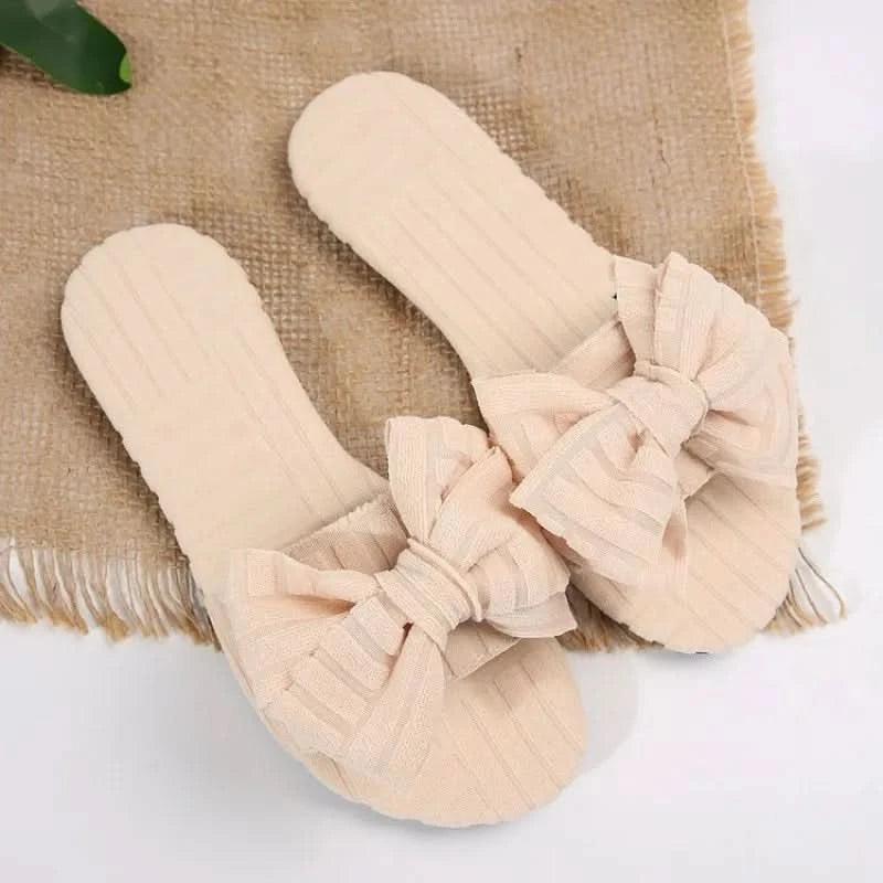 Bow Knot Open Toe Slippers Cream