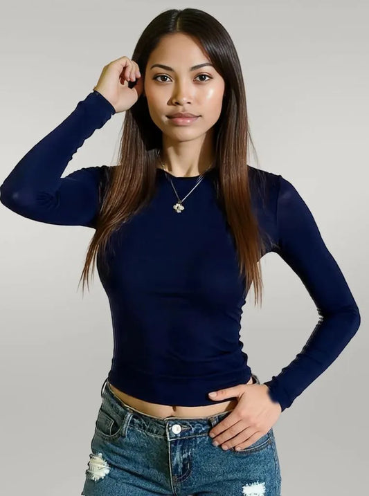 Round Neck Long Sleeve Fitted T-Shirt Navy Blue