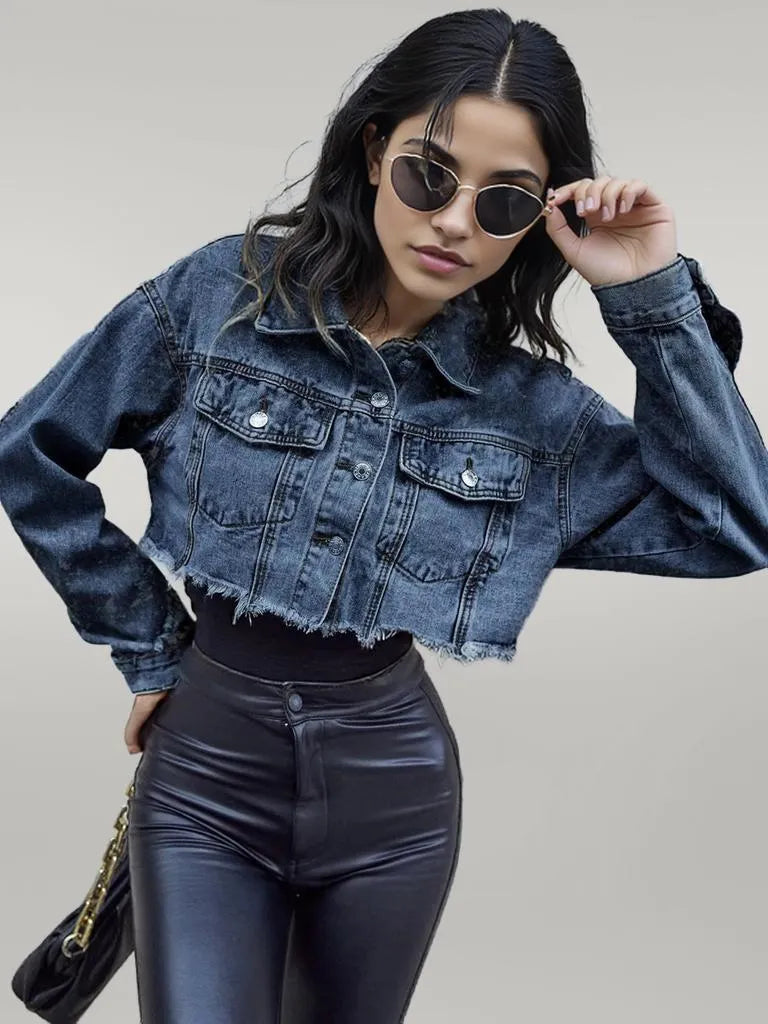 Distressed Raw Hem Cropped Denim Jacket