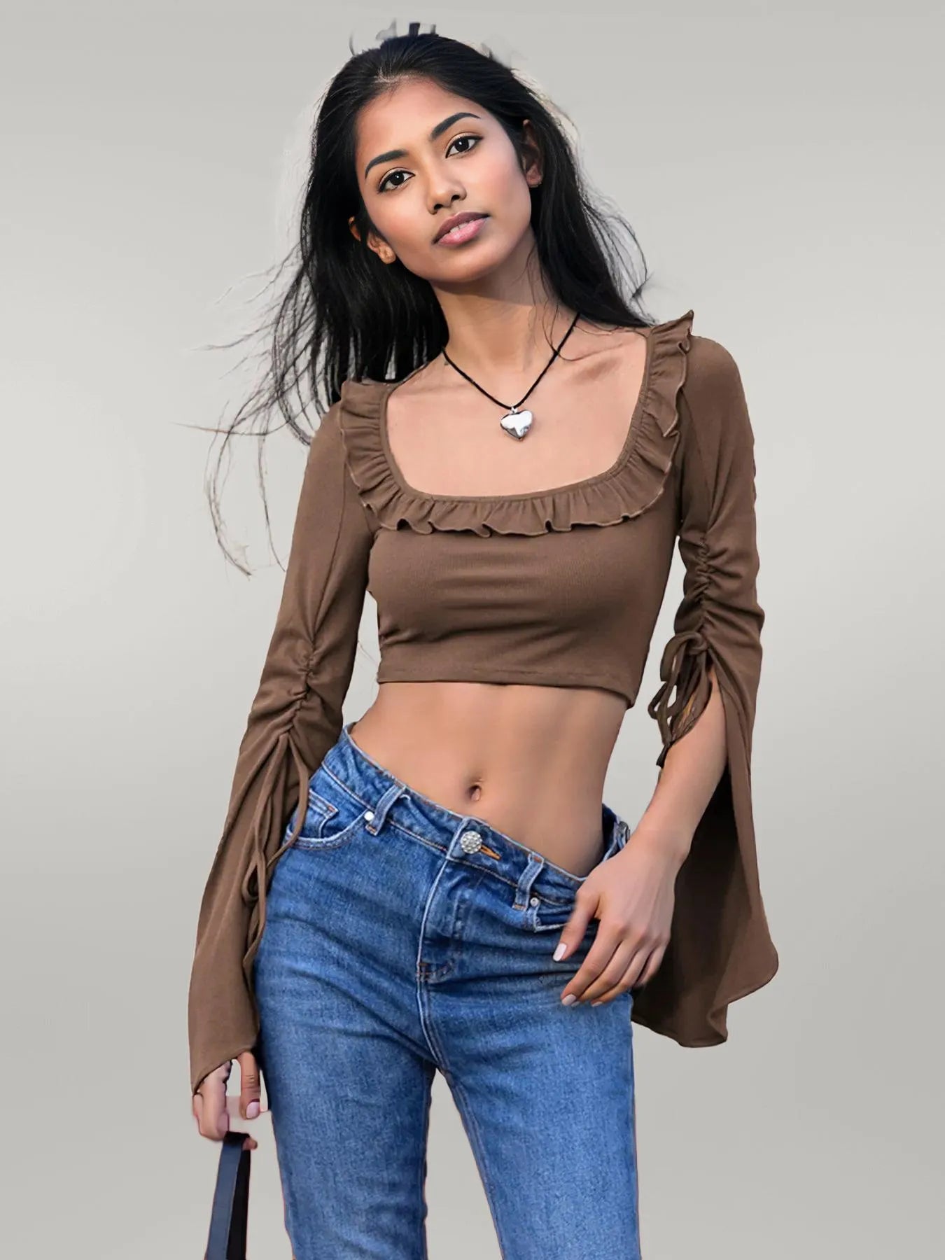 Ruffled Square Neck Long Sleeve Top
