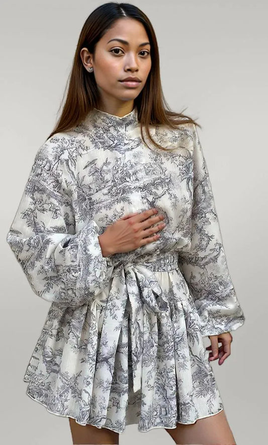 Printed Balloon Sleeve Tie Waist Dress Gray