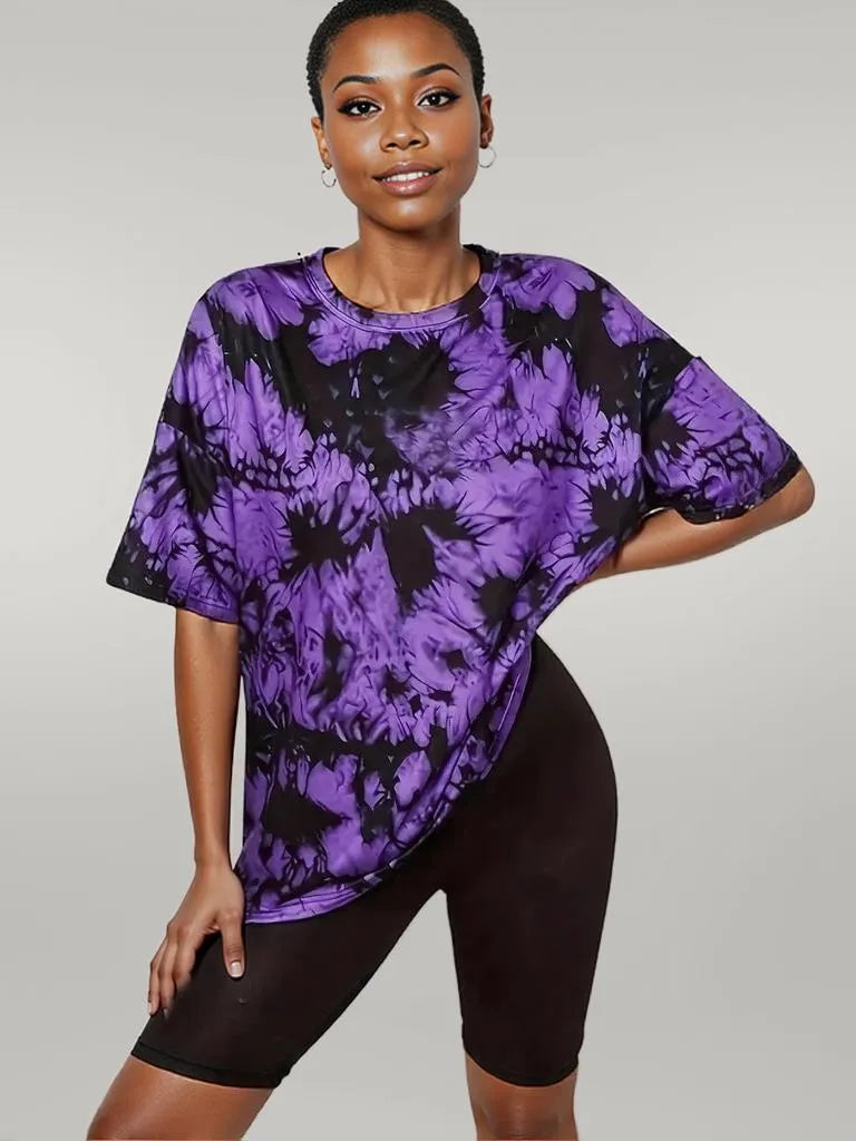 Tie-Dye Round Neck Short Sleeve T-Shirt Purple