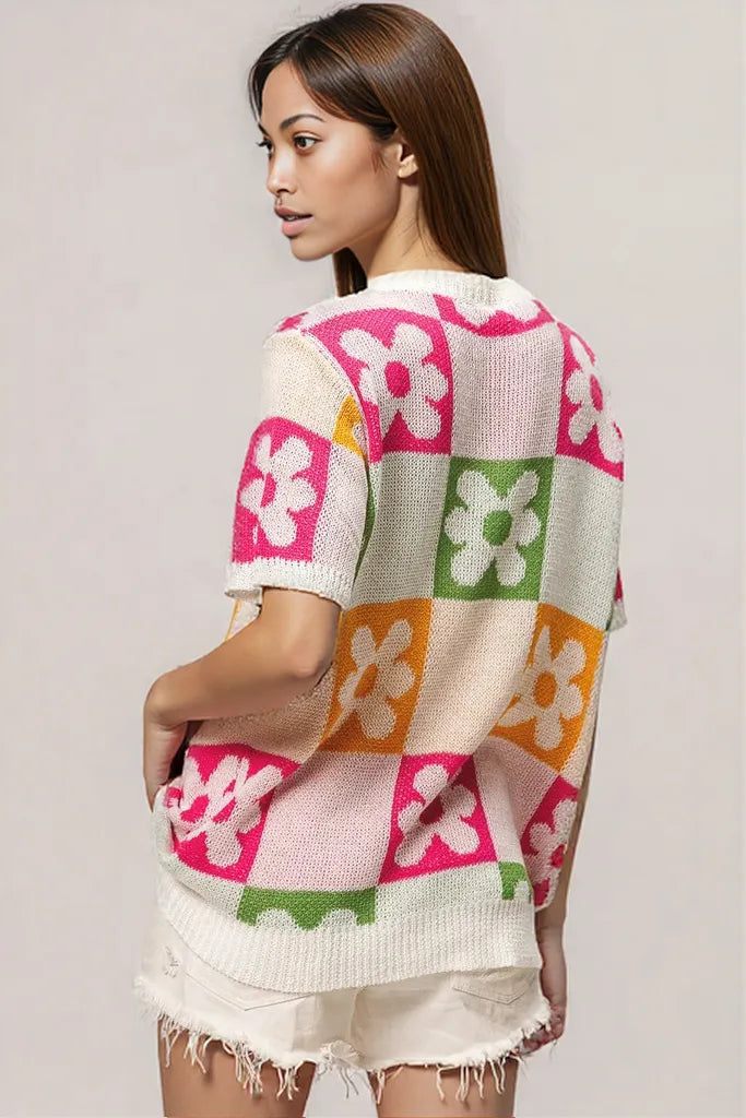 BiBi Flower Checker Pattern Lightweight Sweater Top