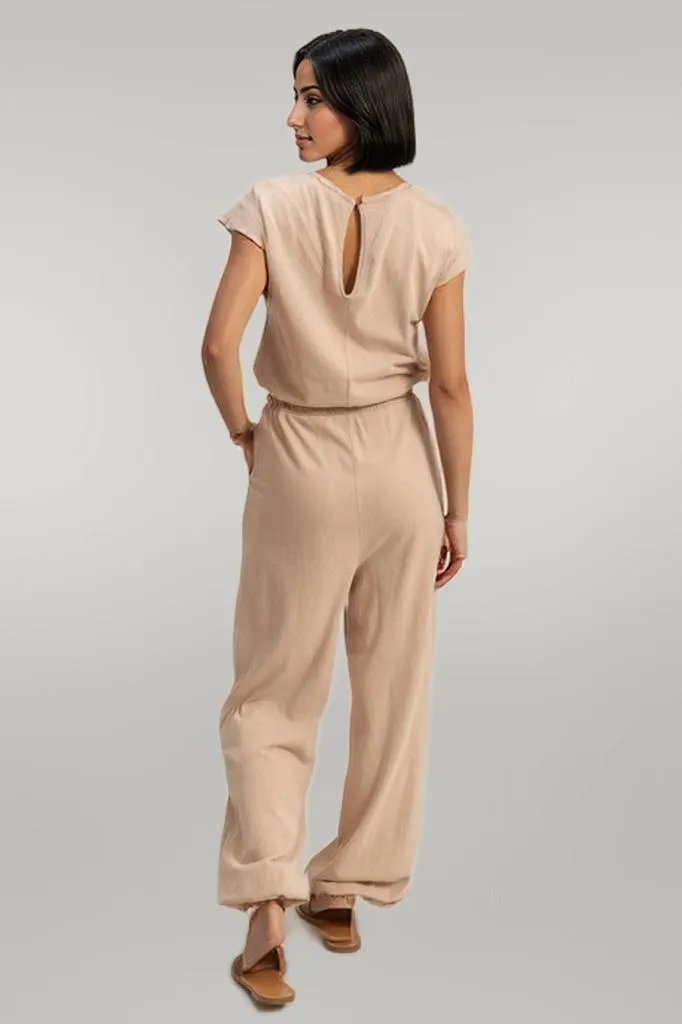 HYFVE Back Keyhole Round Neck Cap Sleeve Drawstring Jumpsuit
