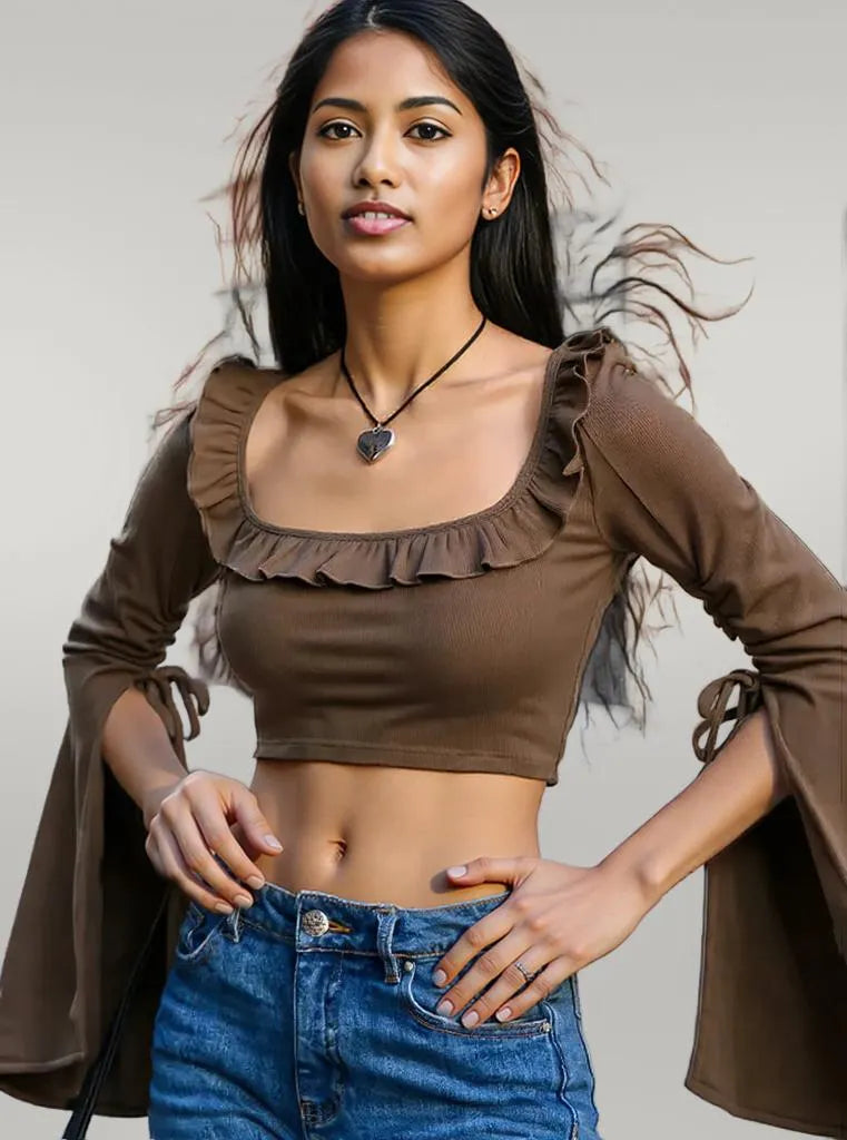 Ruffled Square Neck Long Sleeve Top Coffee Brown